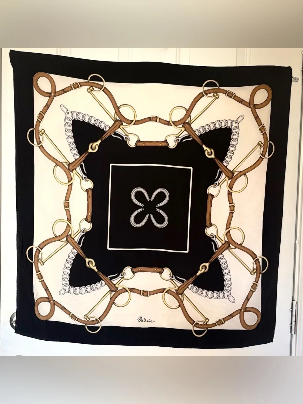 100% Silk scarf with equestrian motif, Mizar brand, featuring bridle and stirrup